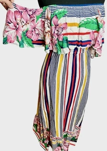 Flying Tomato Colorful Striped Floral Off the Shoulder Maxi Dress M Boho Unique - Picture 1 of 9