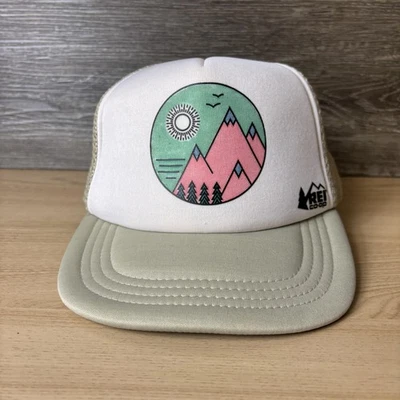 REI Co-op Hat Cap Snap Back Womens Tan Trucker Mesh Mountains Graphic Hiking - Image 1 of 4