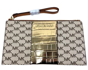 Michael Kors Wristlet Signature Monogram Center Gold Croc Stripe Clutch Geldbörse - Bild 1 von 11