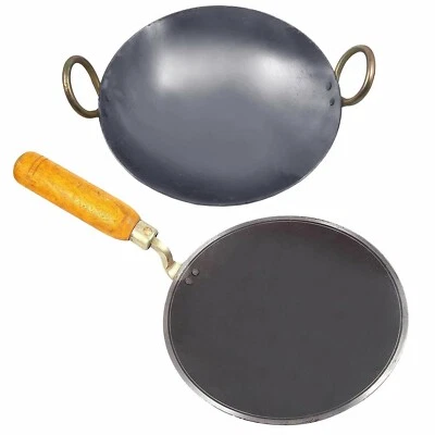 Handmade Iron Kadai & Tawa Set Wok Cooking Deep Frying Chapati Roti Combo Pack - Image 1 of 4