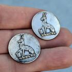  Two Antique Livery Picture Buttons Seated Antelope Deer w Shield Firmin & Son