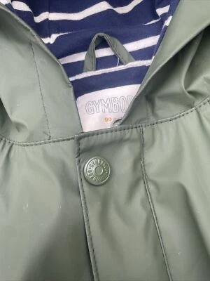 Gymboree Raincoat XL 14 Boy Girl Olive Green Lined Navy White Stripes Inside - Image 1 of 4