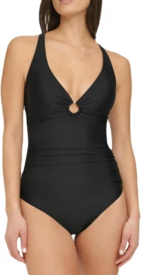Tommy Hilfiger Sz 8 O-Ring Swimsuit Black One-Piece Slimming Ruched NEW - Image 1 of 4