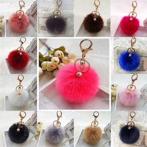 Furry Pom Pom Ball Pearl Key Chain Purse Pendant Charm Ornament Free Gift Bag - Picture 1 of 27