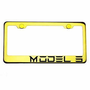 Gold Chrome License Plate Frame MODEL 3 Laser Engraved Metal Screw Cap - Imagen 1 de 8
