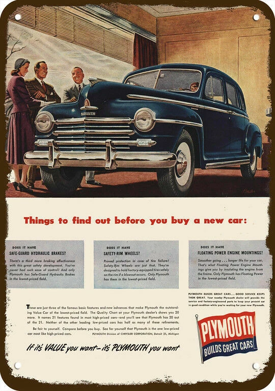 1948 PLYMOUTH 4-DOOR BLUE CAR Vintage Look DECORATIVE REPLICA METAL SIGN - Image 1 of 1