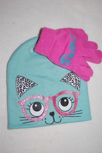 Girls Winter Set MINT TEAL BEANIE HAT Pink Gloves KITTY CAT FACE Glasses MEOW - Picture 1 of 1