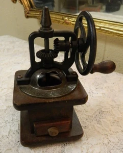 Vintage Mini Manual Coffee Spice Grinder Wood Rose Pattern Rim w/ Faux Drawer - Picture 1 of 7
