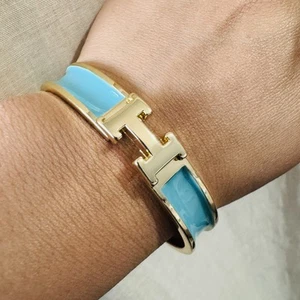Stainless Steel Gold and Turquoise H-Buckle Click Fashion Bracelet One Size - Picture 1 of 8