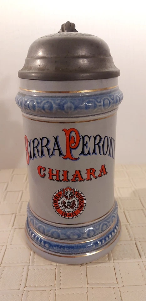 Boccale Birra Peroni In Ceramica E Peltro 1983 - Immagine 1 di 4