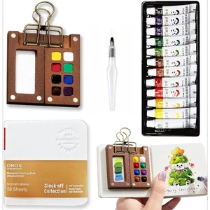 Mini juego de pintura de acuarela de viaje de bolsillo conjunto de acuarela con cuaderno de bocetos de 12 colores - Imagen 1 de 12