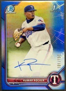 2022 Kumar Rocker Bowman Cromo Bozza Blu Rifrattore Auto 101/150 Rangers - Foto 1 di 1