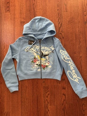 Moletom com capuz novo com etiquetas Ed Hardy cropped com zíper bebê tatuagem azul pássaro tamanho G - Imagem 1 de 4