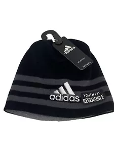Adidas Eclipse Youth Boys Reversible Logo Beanie Hat Black Gray Stripes $18 MSRP - Picture 1 of 4