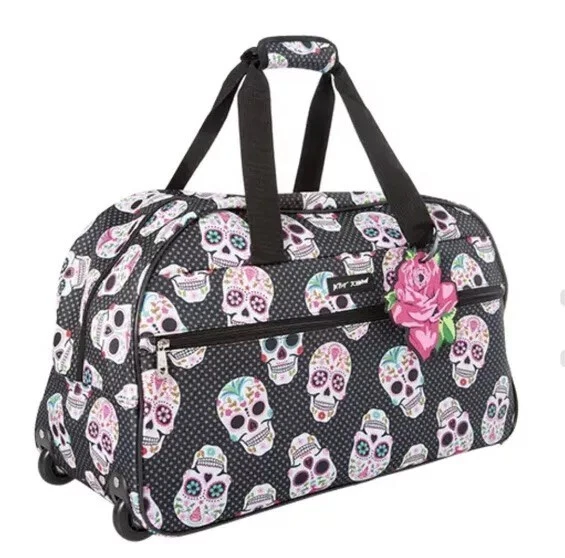 Betsey Johnson Carry on Luggage Sugar Skull Pattern 22 Inch Rolling Duffel Bag