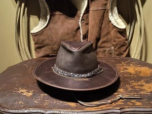 HH Henschel Hat Co. Vintage Brown Leather Fedora Hat Size M w/Hatband Woven - Picture 1 of 12
