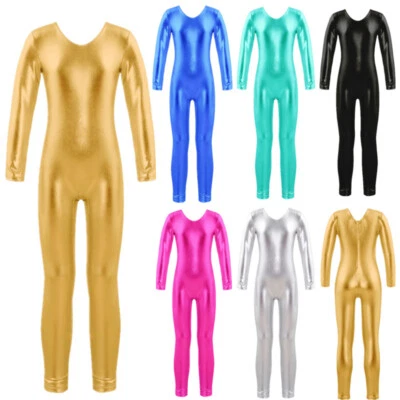 UK Kids Girls Shiny Gymnastics Ballet Dance Leotard Metallic Dancewear Jumpsuit - Image 1 of 4