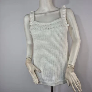 J Crew Crochet Button Up Sweater Tank Top Womens Large Cream Boho Feminine Retro - Picture 1 of 9