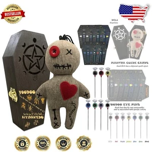 Authentisches Voodoo-Puppen-Set im Holzsarg: Stressabbau & Zaubergusswerkzeuge - Bild 1 von 9