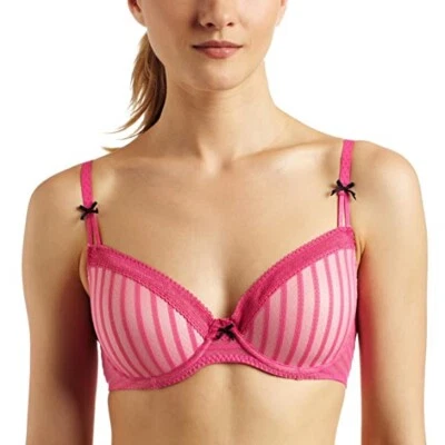 SUJETADOR BETSEY JOHNSON Medias a Rayas Malla Encaje Plunge Demi Rosa Rosa 32B 32C Usado Foto 1 de 4