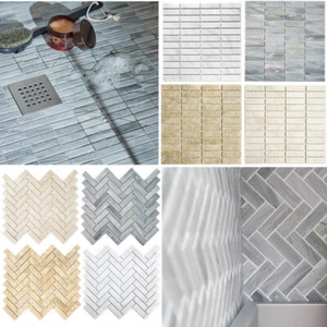 Fischgrät Keramik Mosaikfliesen Carrara Marmor Optik Duschtasse Badboden  - Bild 1 von 8