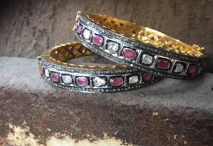 Natural Rosecut Diamond Polki Ruby Handmade Wedding Victorian Wedding 2 Bangle - Picture 1 of 1