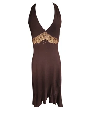 Taboo Vintage Y2K Babydoll Dress Womens L Asymmetrical Halter Brown Fairy Ruffle - Image 1 of 4