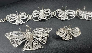 Vintage Sterling gesponnen Silber Schmetterling Armband Anstecknadel Brosche Suite 3 Stck. Lot - Bild 1 von 5