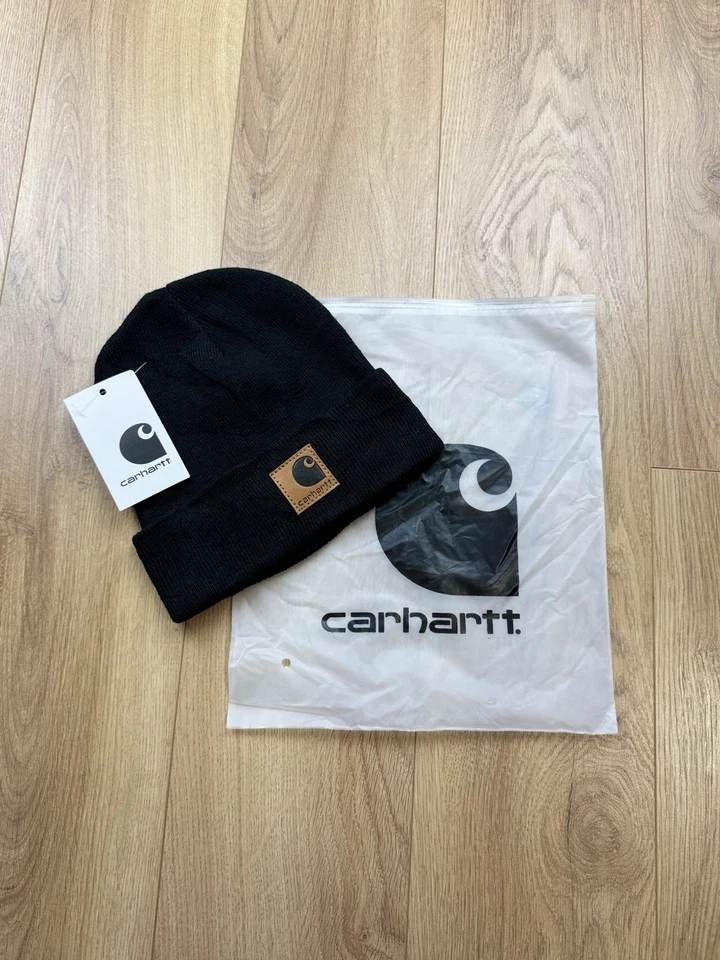 Black Unisex Carhartt Leather Logo Warm Durable Soft Adjustable One Size Beanie