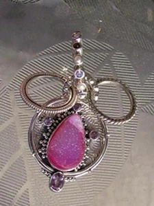 LARGE Pink Druzy, Amethyst & Pearl 925 Sterling Silver PENDANT - Picture 1 of 1