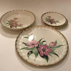W.S. George 9” Plate Pink Flowers Blossoms Gold Edge 8” Bowl 6” Saucer x2 - Picture 1 of 11