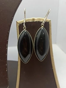 Black Spinel Gem Smooth Marquise 17x37 mm Gemstone Sterling Silver 2" Earring - Picture 1 of 16