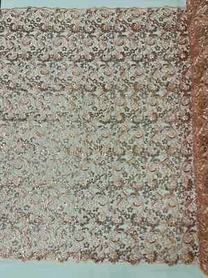 Diseño de encaje floral metálico - oro rosa - tela de lentejuelas con cordón floral por yarda Foto 1 de 4