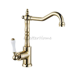 Polished Gold Kitchen Sink Faucets Single Ceramic Handle Swivel Spout Mixer Tap - Picture 1 of 6