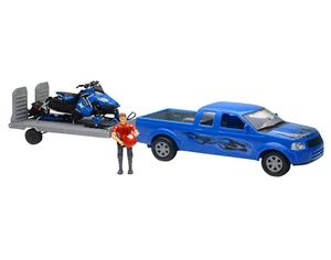 *DEFECT* New Ray Blue Pick Up Truck Trailer Polaris Switchback Snowmobile Set - Picture 1 of 12