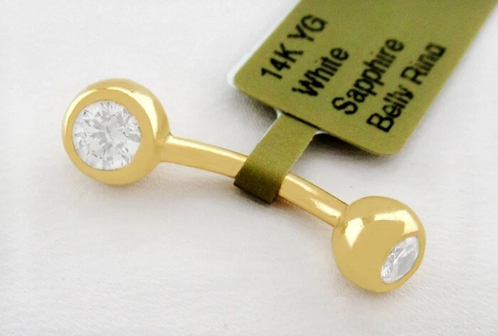 ANILLO OMBLIGO VIENTRE ZAFIRO BLANCO LABORATORIO ORO MACIZO 14K - NUEVO CON ETIQUETA - HECHO EN EE. UU. Foto 1 de 3