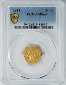 1911 $2 1/2 Gold Indian $2.5 MS63 Secure PCGS 950106-10 - Picture 1 of 4