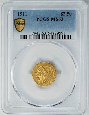 1911 $2 1/2 Gold Indian $2.5 MS63 Secure PCGS 950106-10 - Image 1 of 4