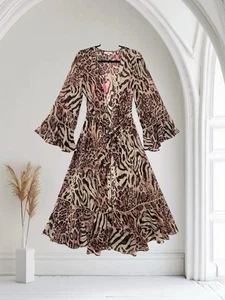 A&B America & Beyond Women’s Animal Print Kimono Duster Size Small Ruffle Maxi  - Picture 1 of 24