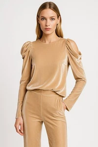 TIBI shirt top velour velvet long sleeve formal evening nude champagne 4 - Picture 1 of 10