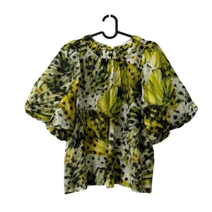 Marie Oliver Green Botanical Watercolor Silk Blend Tie Back Blouse Womens Small - Picture 1 of 7