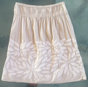 Biographie Skirt Women Small Beige Knee Length Smocked Waist Embroidered Floral - Picture 1 of 7