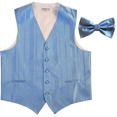 New formal men's tuxedo vest waistcoat & bowtie vertical stripes light blue prom - Image 1 of 4