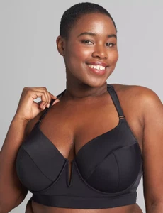 LANE BRYANT CACIQUE SWIM BLACK MACRAME UNDERWIRE BALCONETTE BIKINI TOP SZ 46DD - Picture 1 of 4