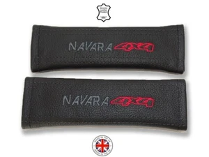 2 x Seat Belt Covers Pads For Nissan Navara Leather Red Embroidery - Picture 1 of 5