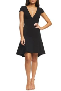 DRESS the POPULATION Black BETTIE Cap Sleeve V-Neck Fluted Hem Crepe Mini XS 2/4 - Picture 1 of 2