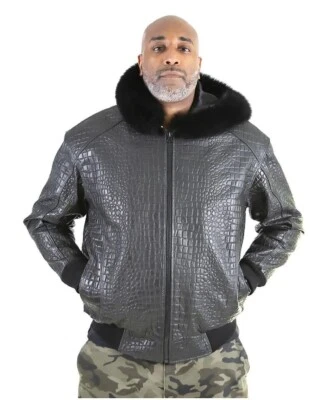 Men genuine Lambskin Alligator crocodile Pattern leather Fur Hood Jacket - Image 1 of 4