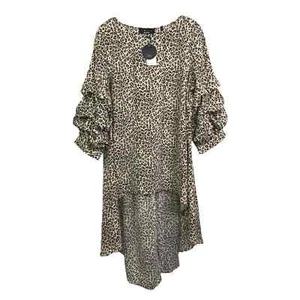 P.Luca Milano Women's Tunic Top Hi-Lo Puff Gathered Sleeves Brown Leopard L NWT - Picture 1 of 11
