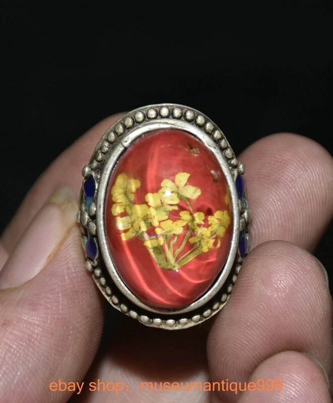 1.4" Old Chinese Cloisonne Silver inlay red gem plum blossom Jewelry Ring - Image 1 of 4