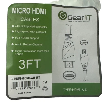 Gear IT GI Micro HDMI Cables 3ft Type A-D 1080P-Full HD/3D WH BRAND NEW - Image 1 of 4